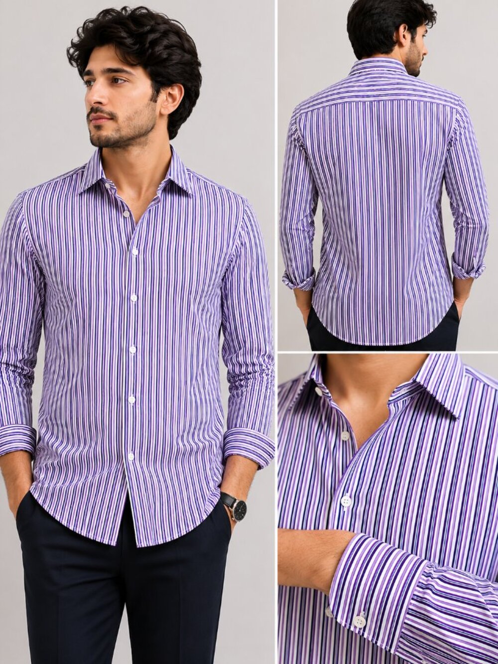 David Donahue Purple Black Striped Dress Shirt  Men's Size XL Long Sleeve Cotton